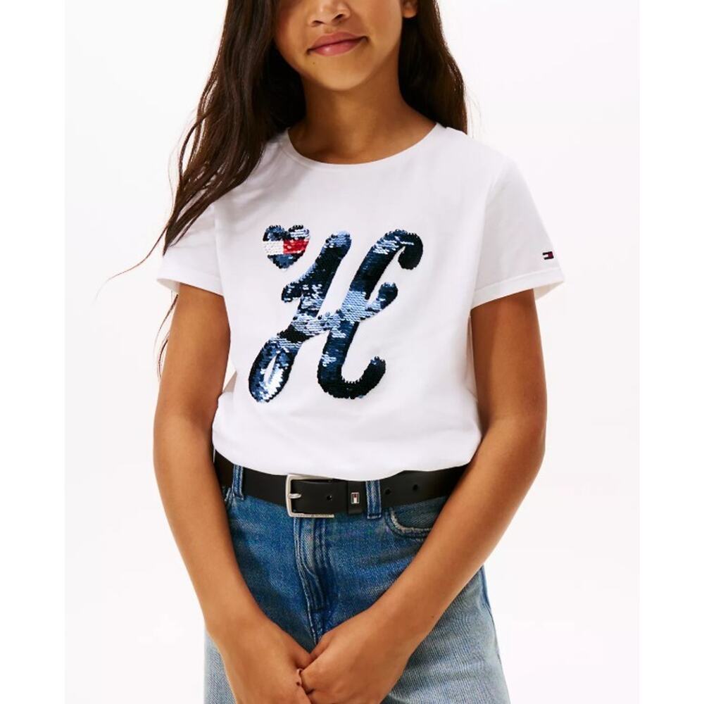 Tommy Hilfiger Girls' Kids' Sequin Logo T-Shirt White Size M